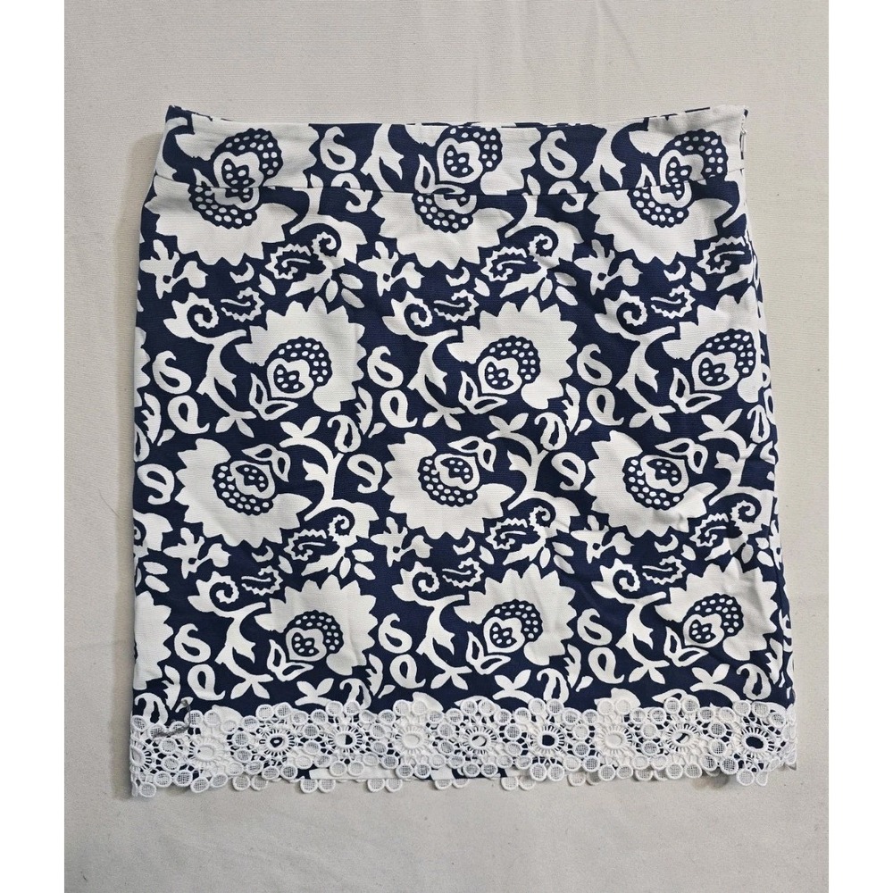 Talbots Blue White Floral Pencil Mini Skirt With Lace Hem 4P Zip